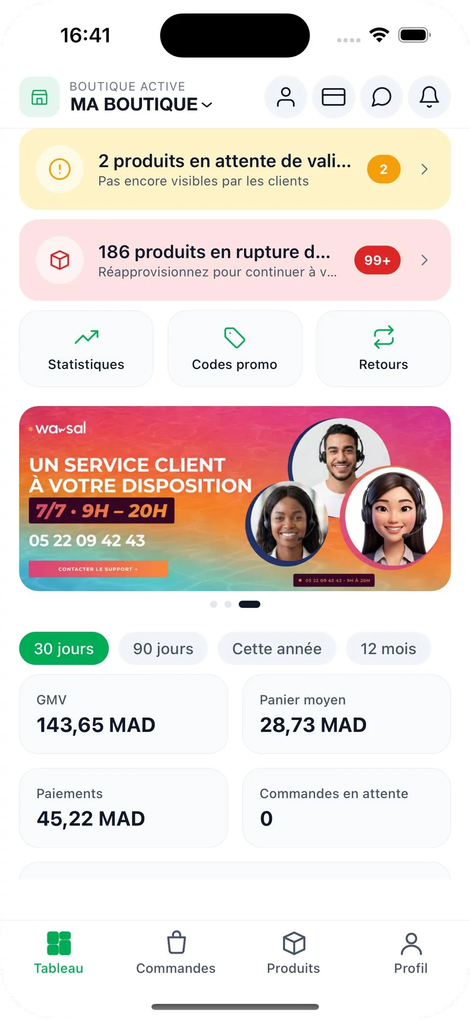 Tableau de bord de l'application vendeur Wasal : alertes produits en attente de validation et en rupture de stock, raccourcis Statistiques, Codes promo et Retours, indicateurs GMV, panier moyen, paiements et commandes en attente