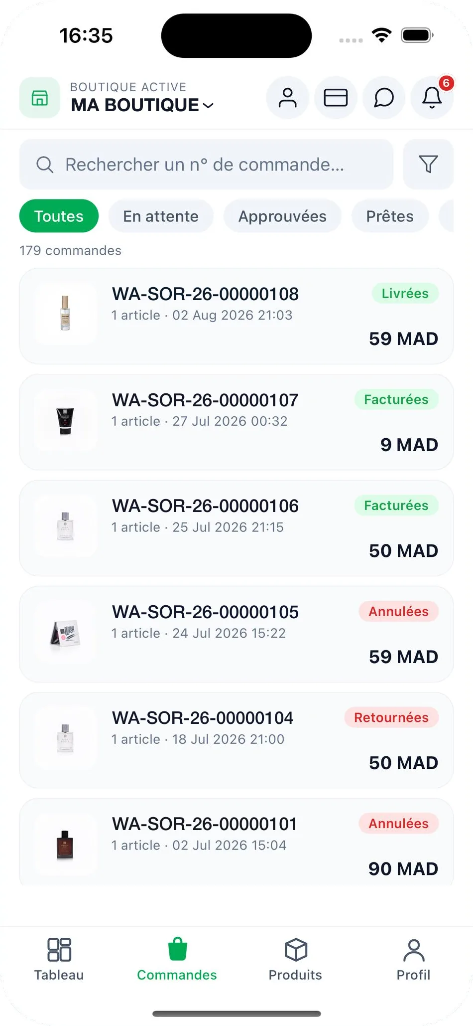 Liste des commandes dans l'application vendeur Wasal, filtrable par statut, avec numéro de commande, date, montant et badge de statut Livrées, Facturées, Annulées ou Retournées