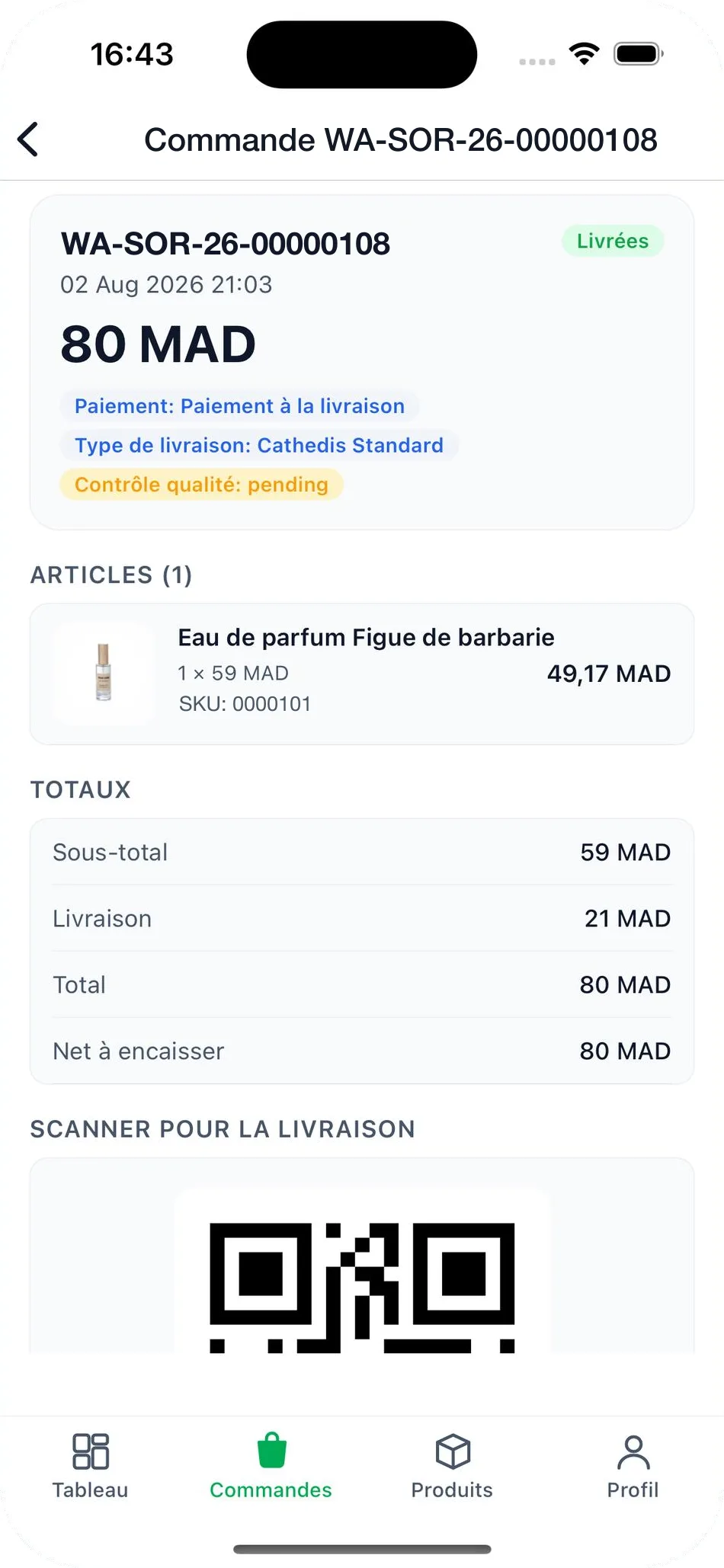 Détail d'une commande dans l'application vendeur Wasal : statut, mode de paiement, type de livraison, articles, totaux avec net à encaisser, et code à scanner pour la remise au livreur