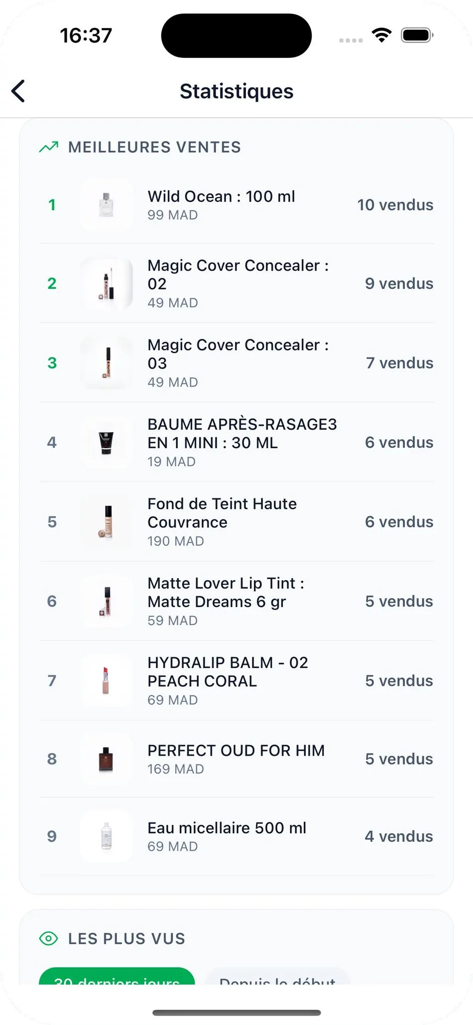 Écran Statistiques de l'application vendeur Wasal : classement des meilleures ventes avec prix et quantités vendues, suivi de la section des produits les plus vus