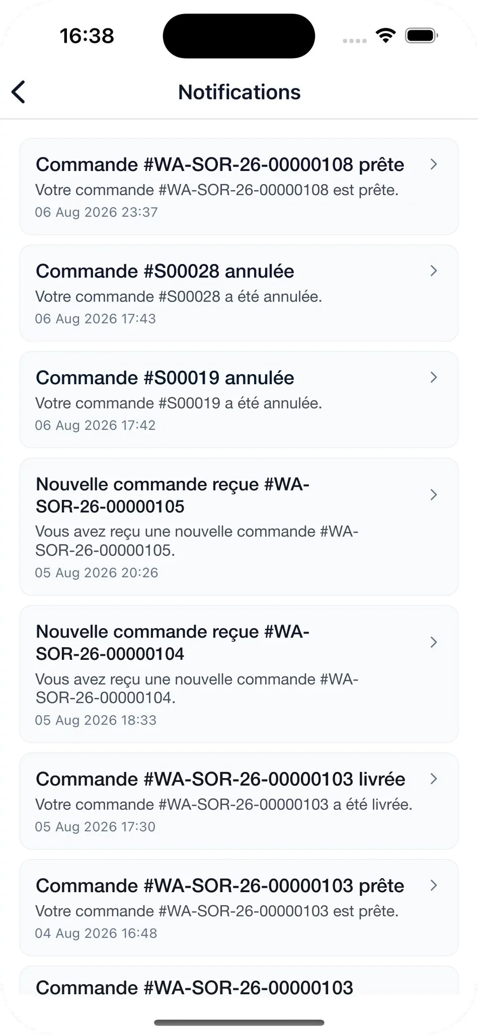 Centre de notifications de l'application vendeur Wasal : nouvelles commandes reçues, commandes prêtes, livrées ou annulées, chacune horodatée