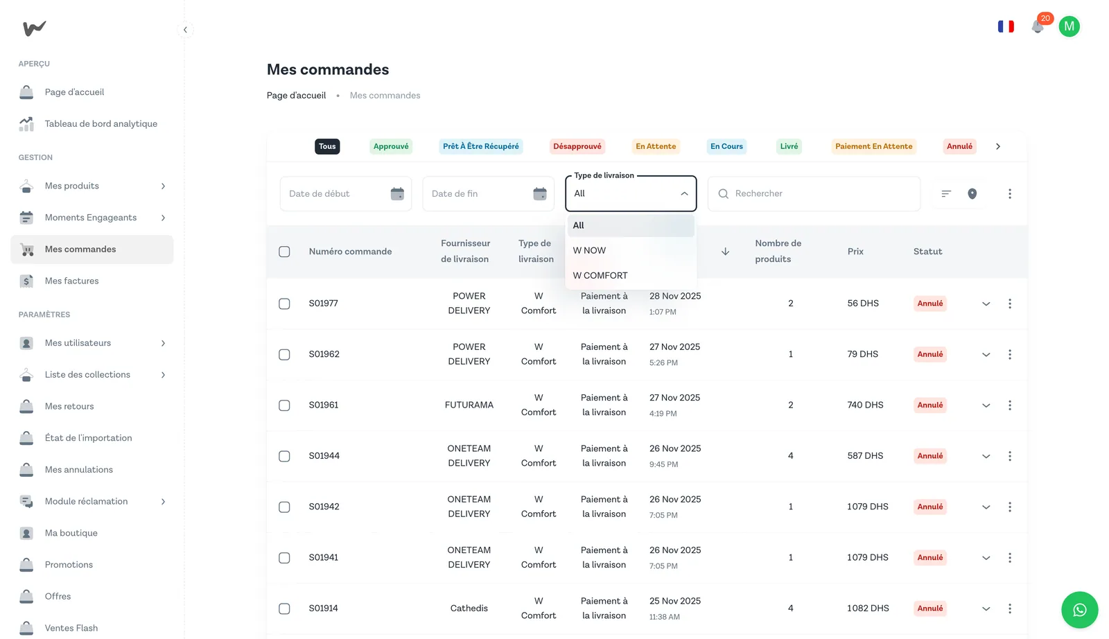 Dropdown filtre type de livraison — options All, W NOW, W COMFORT