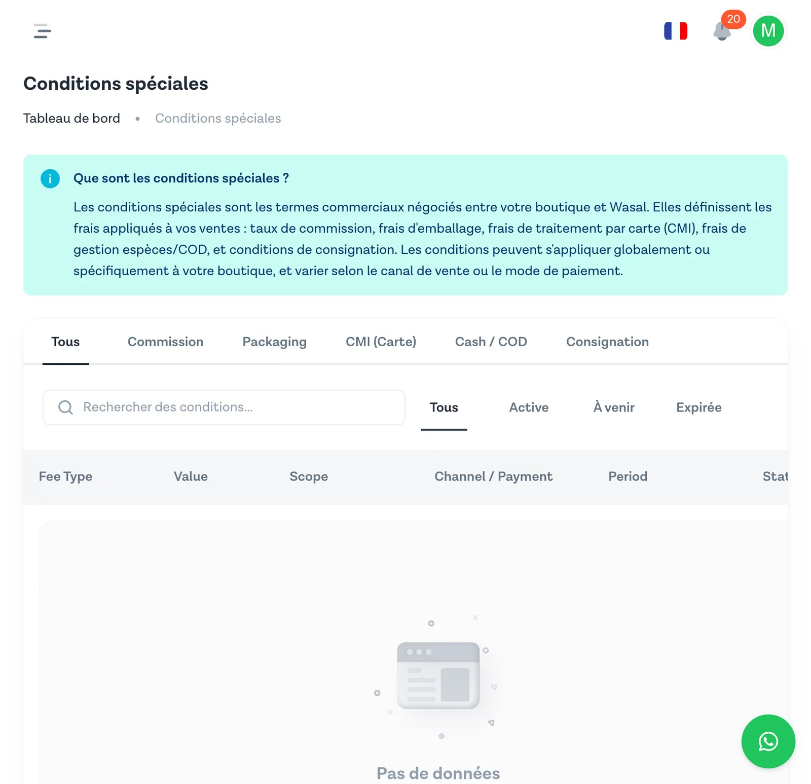 Vue principale du module Conditions spéciales avec les onglets de filtrage par type de frais et le tableau des conditions