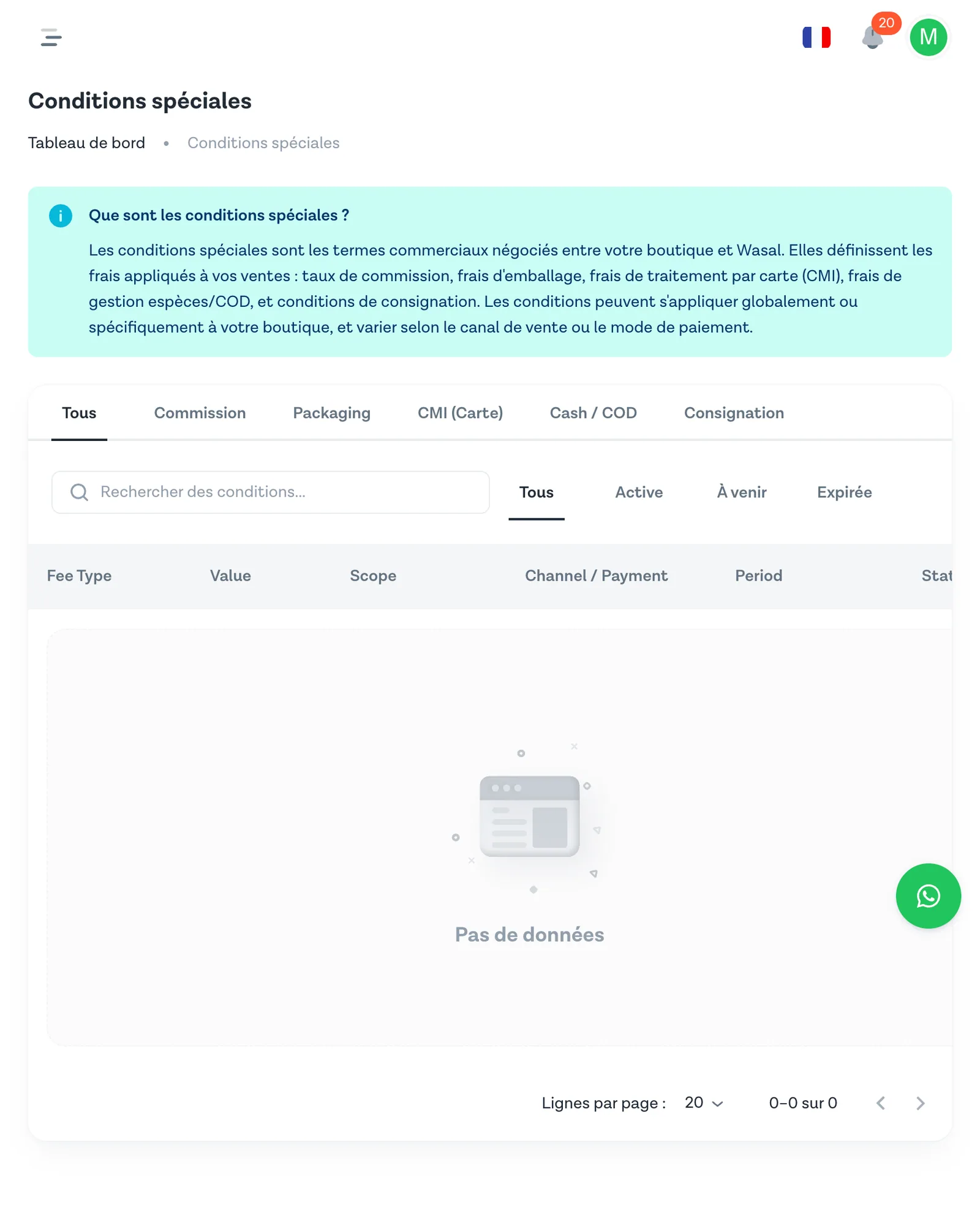 Vue pleine page du module Conditions spéciales avec les onglets de statut Active, À venir et Expirée