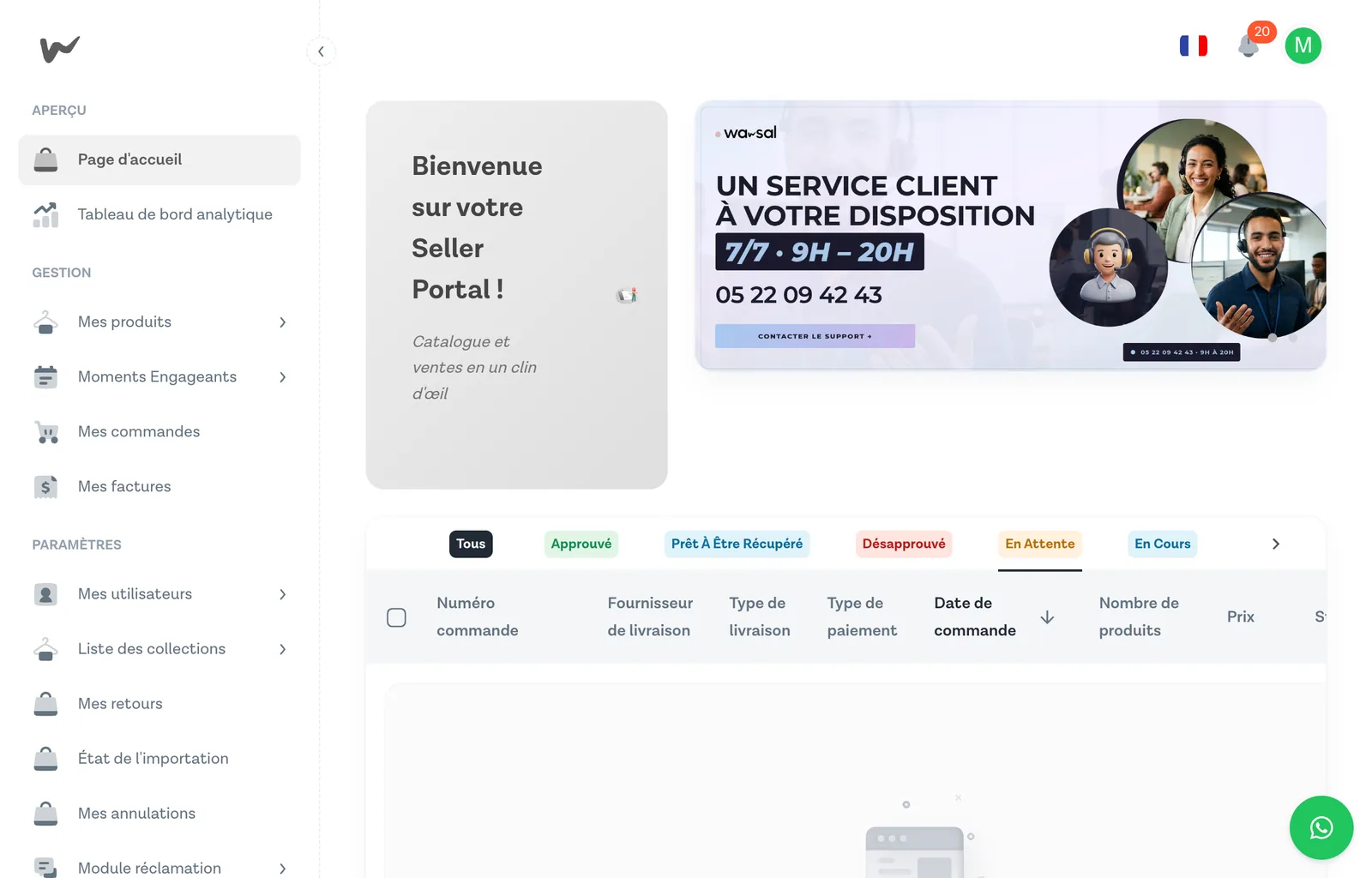 Vue d'accueil du Seller Portal Wasal avec sidebar et tableau de bord