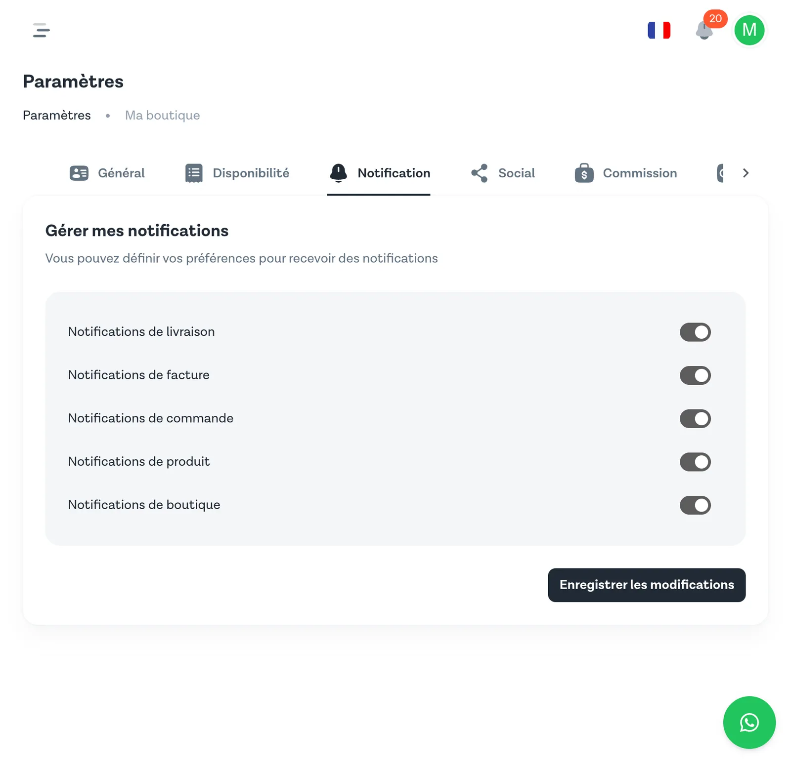 Onglet Notification — 5 checkboxes de types de notifications boutique Wasal