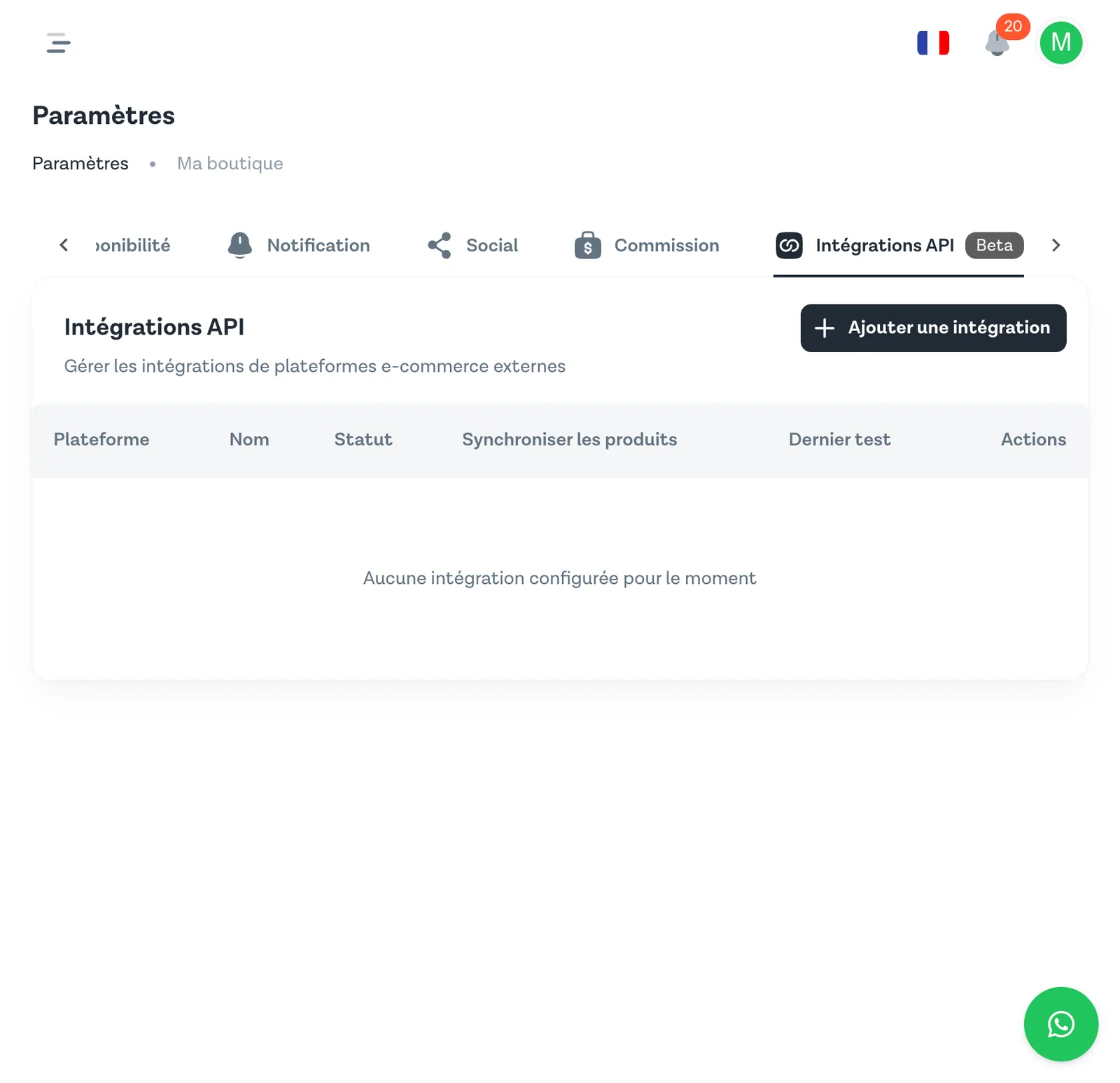 Onglet Intégrations API en Beta — tableau vide avec bouton Ajouter une intégration
