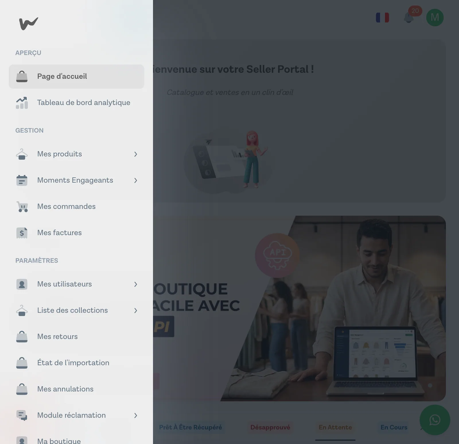 Menu de navigation gauche du Seller Portal avec l'entrée Mes factures mise en évidence