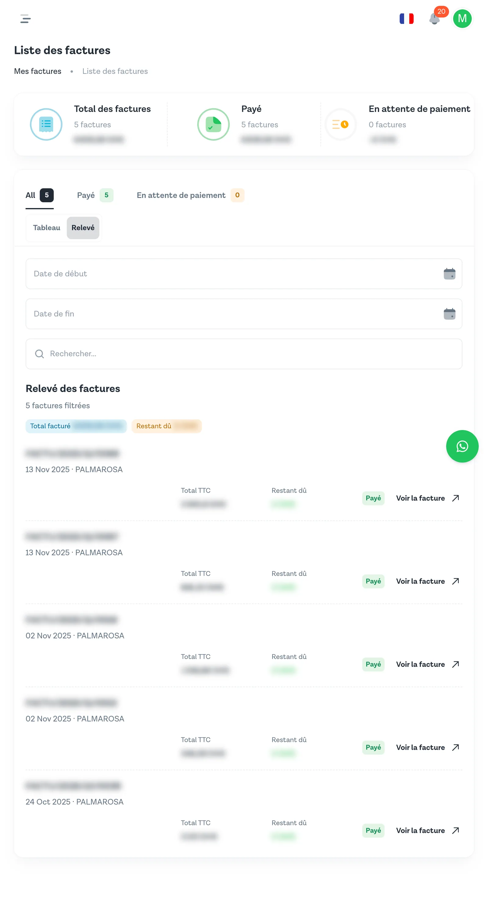 Vue Relevé de la page Mes factures avec le détail TTC, commission et Restant dû pour chaque facture