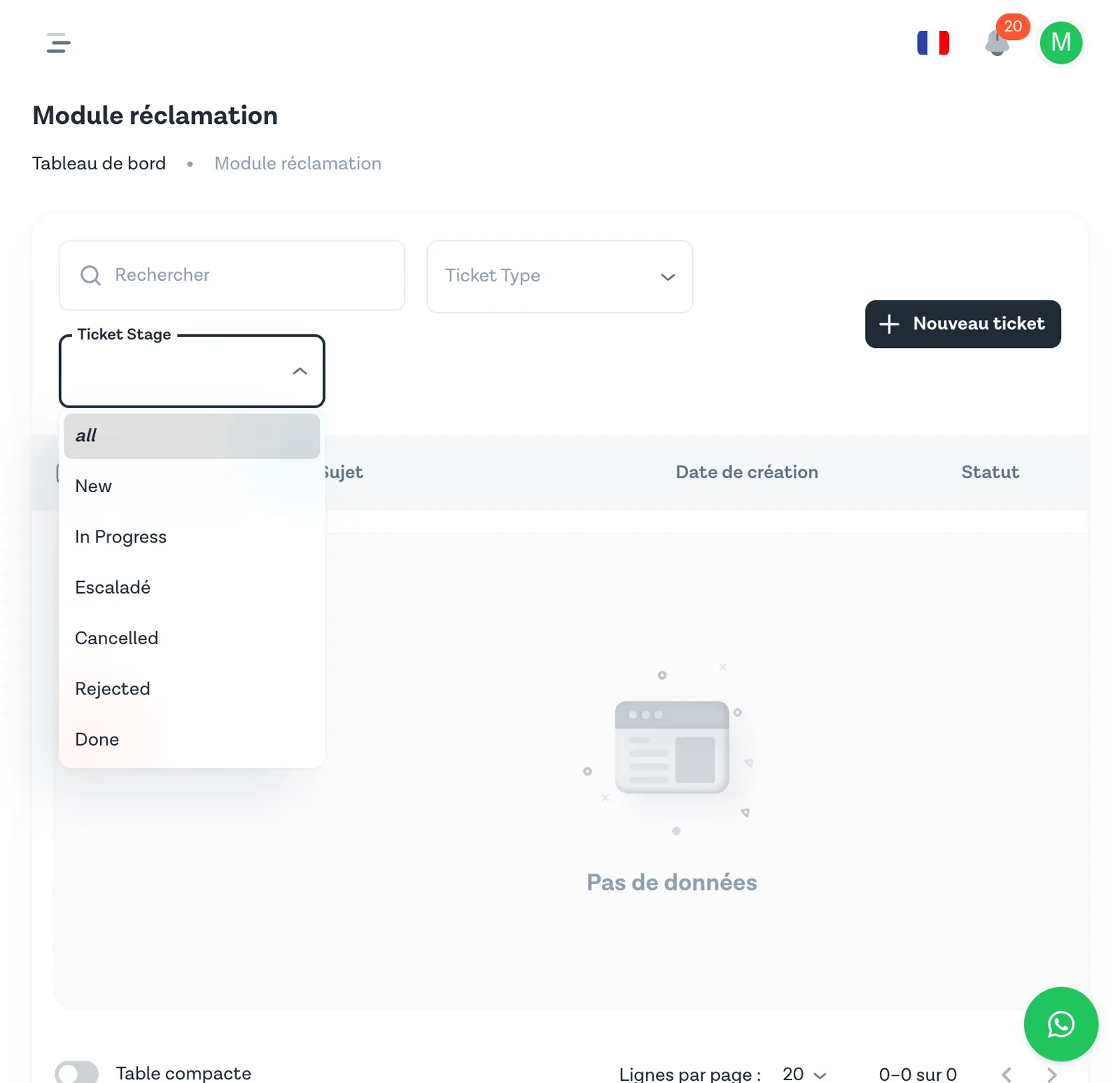 Dropdown filtre Ticket Stage affichant les 6 statuts disponibles