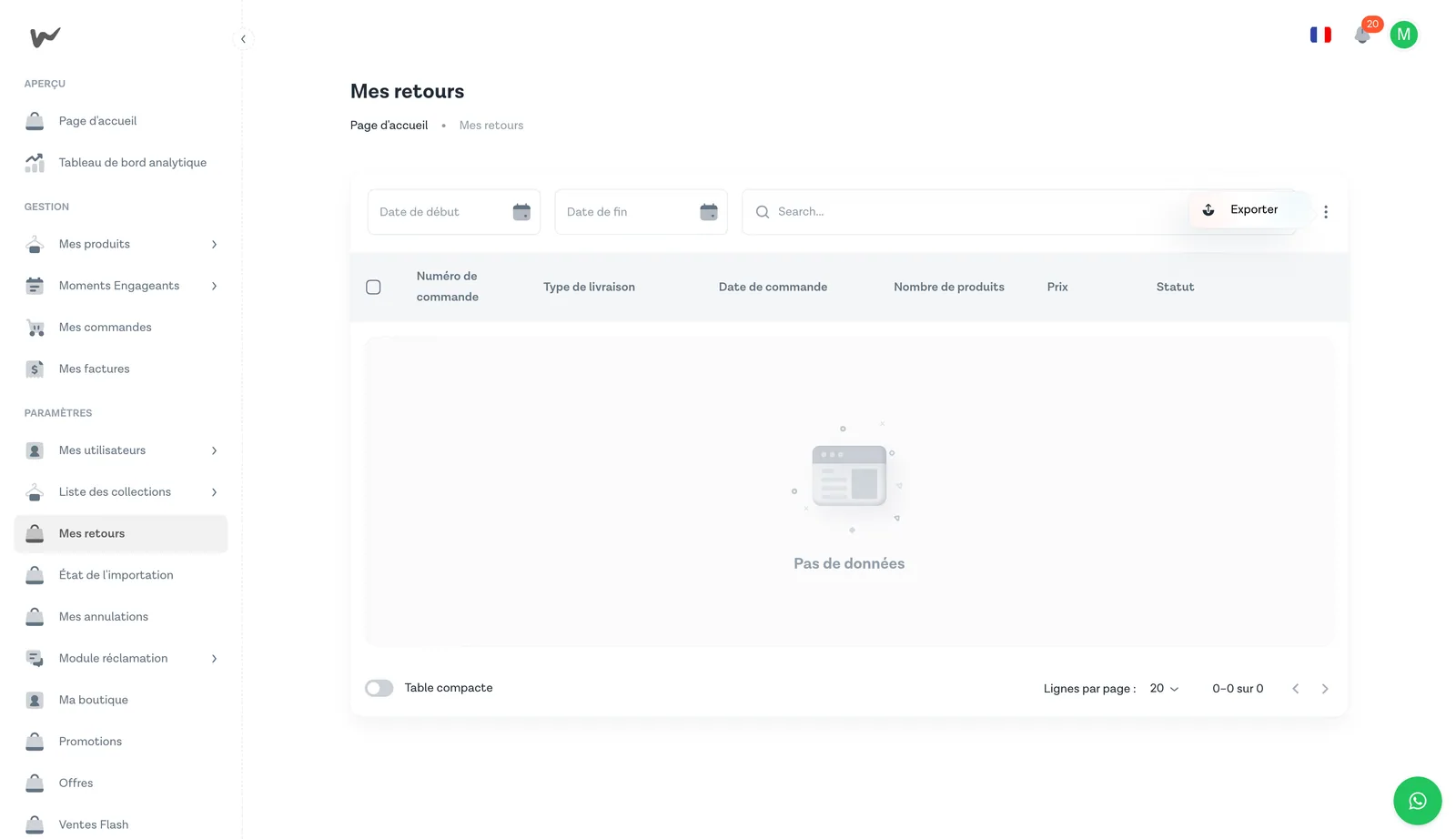 Liste des retours vendeur sur le portail Wasal — vue tableau