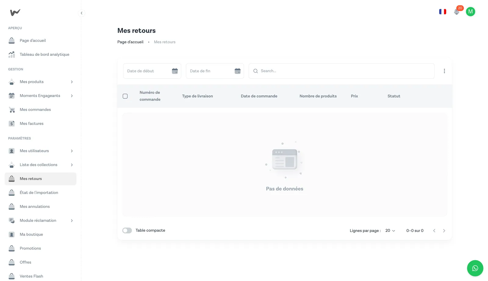 Vue pleine page de la liste des retours — portail vendeur Wasal