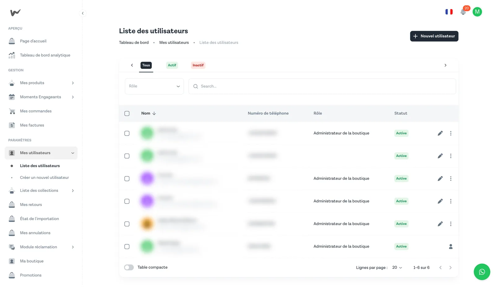Liste complète des utilisateurs du Seller Portal avec colonnes Nom, Email, Rôle, Statut et boutons d'action