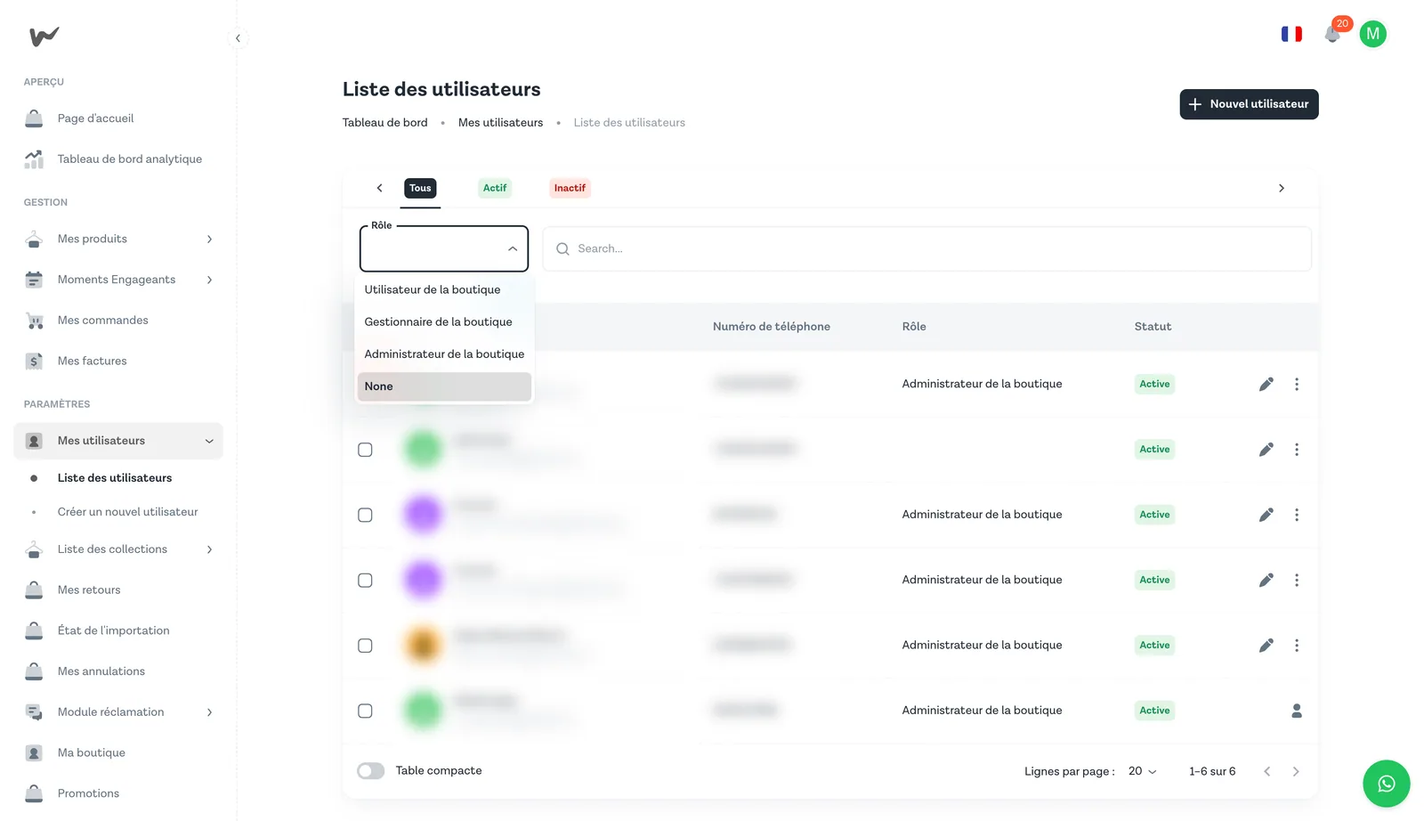 Dropdown de filtre par rôle sur la liste des utilisateurs, affichant les trois rôles disponibles