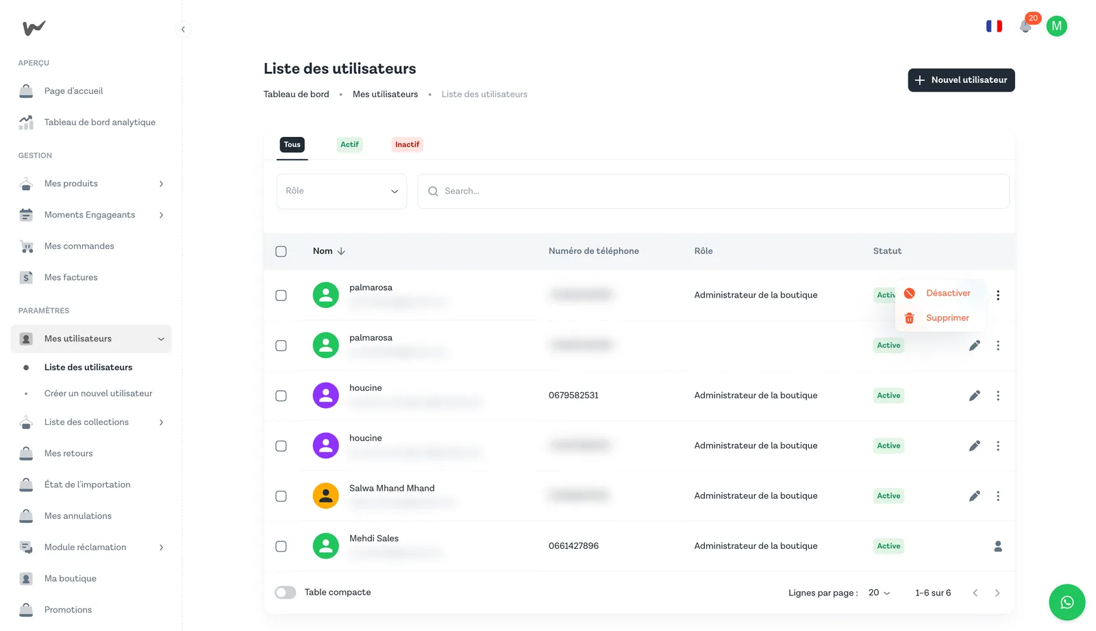 Menu contextuel d'actions sur une ligne utilisateur, avec les options Désactiver et Supprimer